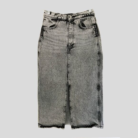 Zara Black Gray Acid Wash Knee Length Denim Straight Pencil Jean Midi Skirt - S - Picture 1 of 8